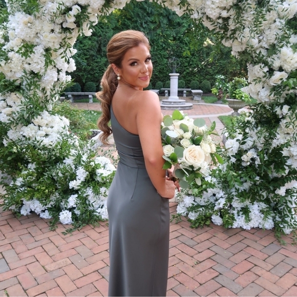 NWT BHLDN Anthropologie One Shoulder Stretch Satin Dylan Dress Dark Gree… - Picture 5 of 11